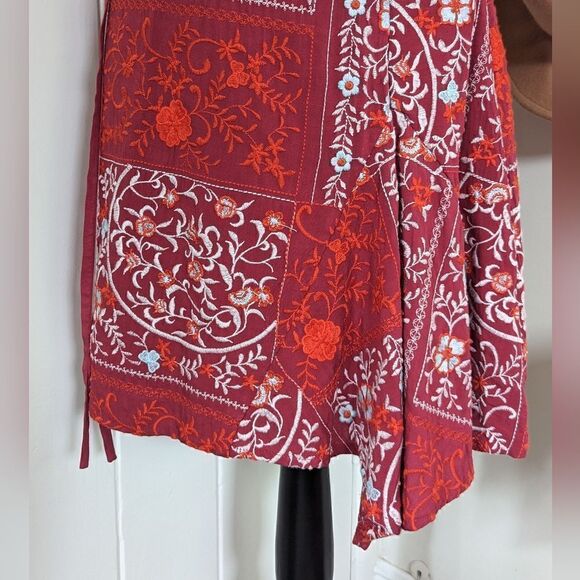 Anthropologie Red White Embroidered Wrap Tie Waist Skirt 6 Coastal Cowgirl - Picture 9 of 13